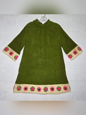 Vintage 60s Mod Lounge Tent Dress Green Velvet Floral Mini Go Go Party Hostess